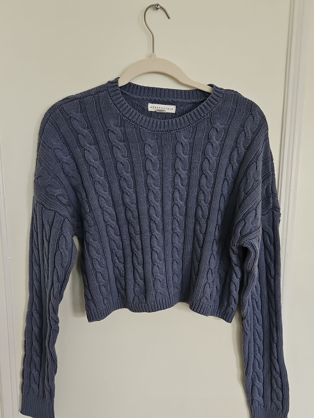 Aeropostale Women's Cable Knit Crewneck Sweater - Slate Blue